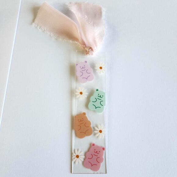 Gummy Bear Print Funny Bookmark Ribbon Bow Clear Acrylic Coquette Bookish Gift - Picture 5 of 13